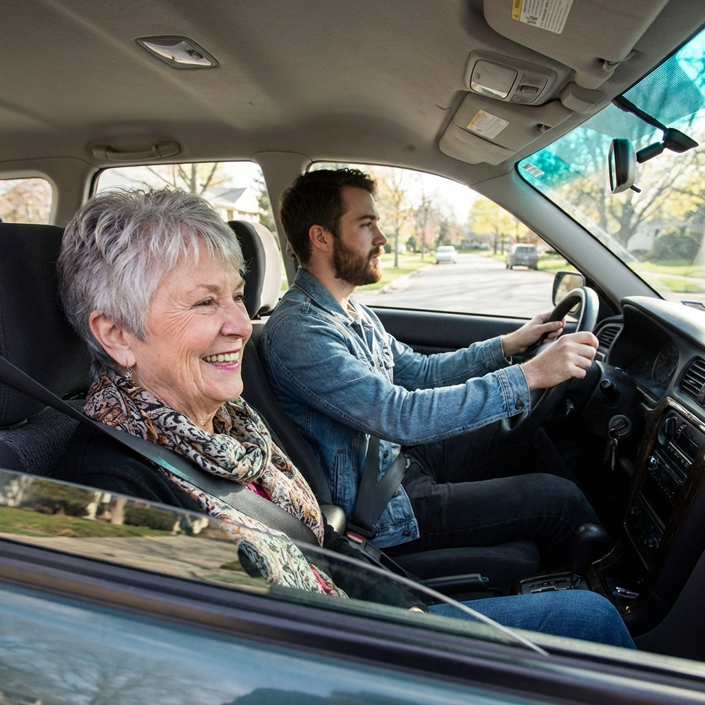 Man driving a car with an older  woman family member